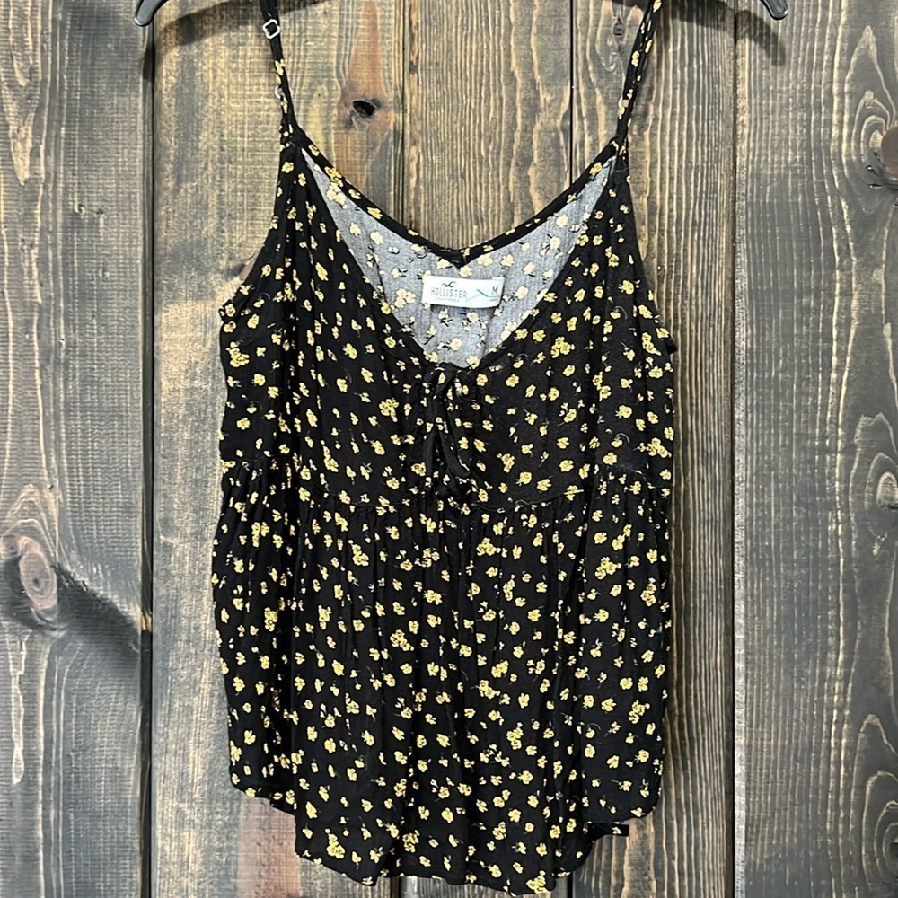 Hollister Black Ditsy Floral Cami Tank Top M Babydoll Yellow Y2K Boho Festival